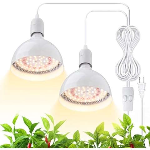 Barrina LED Grow Light Bulb, 50W (2 x 25W) Full Spectrum, with 16.4FT Power Cord, Hanging Grow Lights for Indoor Plants, Large Tall Plant, Garden, Flowers, Greenhouse, 2-Head Cover