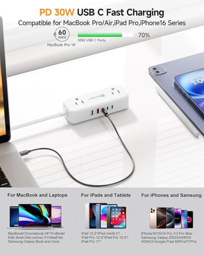 Beeiker 30W 3 USB C Multitoma de Viaje con 4 Tomas AC y Cable de Extensión de 1.52 m miniatura 2