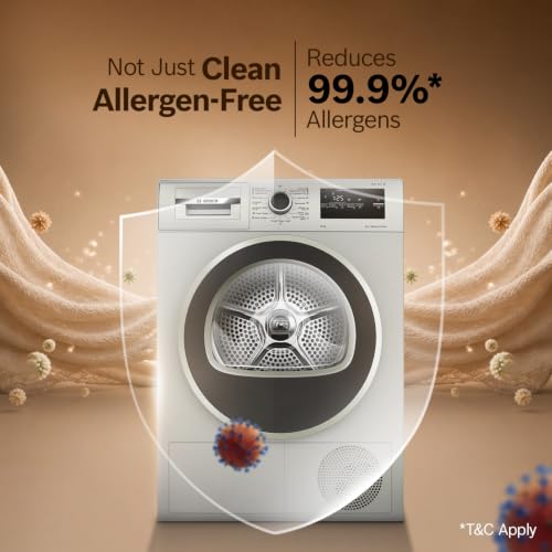 Image of Bosch 8 kg Front Load Condenser Tumble Dryer, 100% Drying, Cottons & Easy Care Programs, Reduces 99.9% Allergens, Anti-Crease, Silver Inox (WTN86202IN)