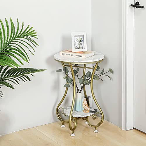 Image of Side End Table Frame Sofa Corner Table for Living Room Coffee Table Striped Top and Metal Frame Sofa Table End Table, Bedroom Simple (Gold White)