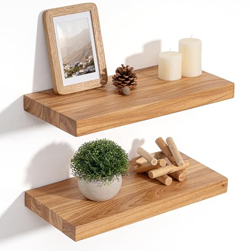 Image of Floating Shelves for Wall Decor, 8 inch Deep Rustic Solid Elm Wood Floating Shelves Wall Mounted, Wall Shelves with Invisible Bracket for Living Room Bathroom Bedroom Kitchen, 16 Inch Set of 2, Natural