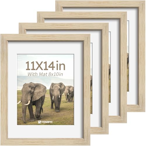 TENIBYC 11x14 Picture Frame 4 Pack, 8x10 Mat, Oak Wood, Glass, for Photo
