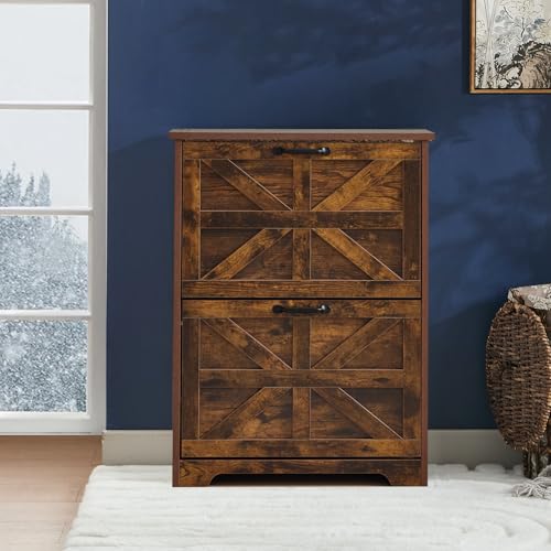 Seekverse Shoe Cabinet with 2 Flip-Up Drawers, Adjustable Wooden Shoe