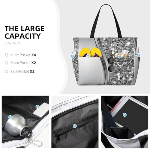 Silver Sparkle Glam Bling Large Capacity Beach Travel Bag – Lightweight Foldable Waterproof & Sandproof Tote With Multiple Pockets,Beach Vacation Essentials3