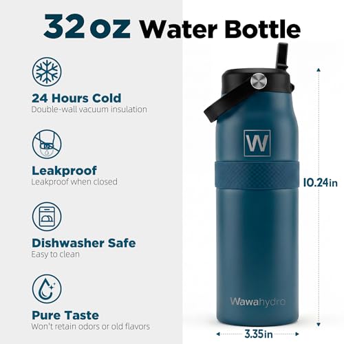 Image of 32 oz Insulated Water Bottle with Straw, Leakproof Stainless Steel Bottle with Handle, Non-Slip Silicone Sleeve, Internal Markings, Dishwasher Safe for Travel, Gym, Sports, Matte Navy