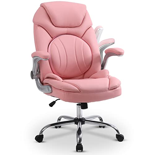 Comermax Ergonomic Executive Office Chairs with Adjustable Lumbar Support, 90-120° Rocking Managerial Chair Swivel Desk Chairs with Padded Flip-up Armrests (Pink), Medium(300lbs)