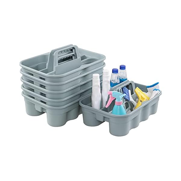6-Pack Plastic Caddy for Cleaning Products, Caddy with Handle, Gray