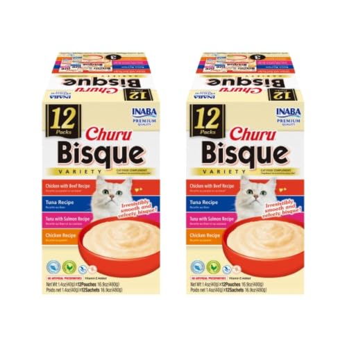 INABA Churu Bisque for Cats, Creamy Lickable Purée Side Dish with Vitamin E, 1.4 Ounces per Pouch, 24 Pouches, Tuna & Chicken Variety