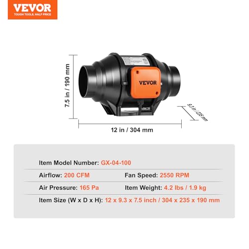 Image of VEVOR Inline Duct Fan, 4-Inch 200 CFM with Variable Speed Controller, Quiet AC-Motor Ventilation Exhaust Fan for Cooling Booster, Grow Tents, Hydroponics