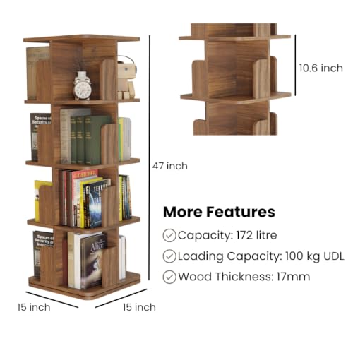 Image of COGO 4 Tier Revolving Bookshelf | 360 Smooth Revolve Mechanism | 52 x 15 x 15 inch | 100 Books Capacity | 17 mm Engineered Wood | Bookcase | Showcase | Do-It-Yourself | Colour: Walnut