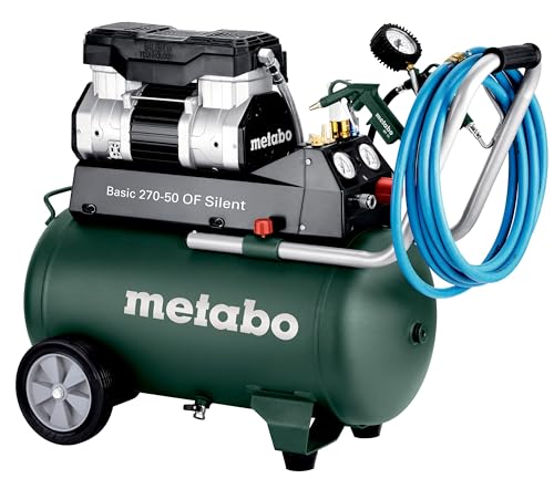 metabo Kompressor Basic 270-50 OF Silent - 50L Kessel, 10 bar Druck, 130 l/min Füllleistung - Ölfrei, leise, mobiler Werkstatt-Kompressor für Heimwerker & Profis - Inkl. Schnellkupplung und Zuggriff