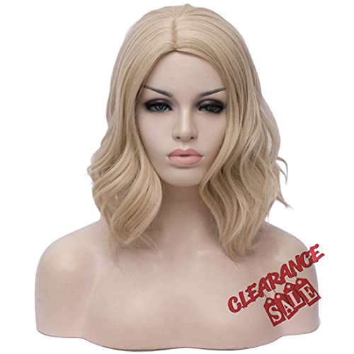Beauwig Short Bob Natural Pastel Wavy Wig Women's 12.5" Synthetic Cosplay Wigs Charming Curly Wig for Colorful Costume Halloween Party Include Wig Cap (Blonde)