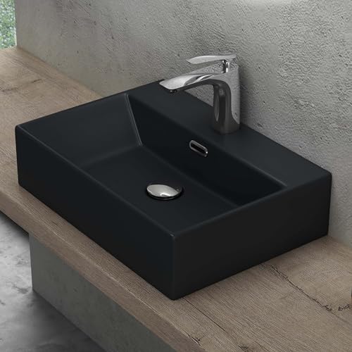 doporro Lavabo à Poser Noir Mat Vasque Suspendu en Céramique Lave Mains Rectangulaire de Qualité pour Salle de Bain 51x36x13cm Brüssel206