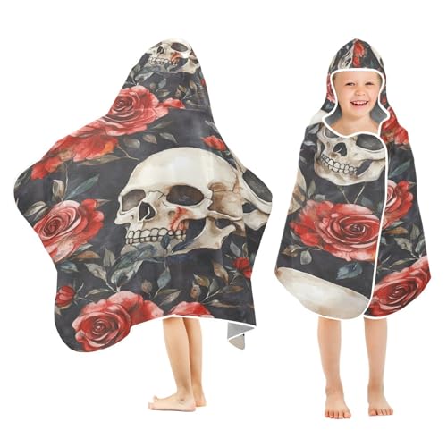 Kigai Skull Rose Hooded Beach Towel for Kids Soft Absorbent Quick Dry Bath Towel with Hood Lightweight Toddler Shower Pool Bath Wrap for Boys Girls