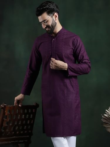 Image of SOJANYA (Since 1958 Men's Pure Cotton Checked Embroidered Long Kurta | Traditional for Diwali Celebrations