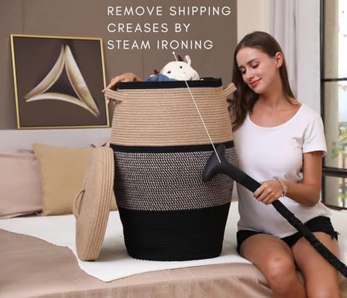 Image of Storage Cotton Rope Basket and Laundry Hamper for Dirty Clothes, Towels, Blankets, Pillows Storage in Living Room, Laundry Room and Bedroom (Beige Black With Lid, 14x16 Inch)