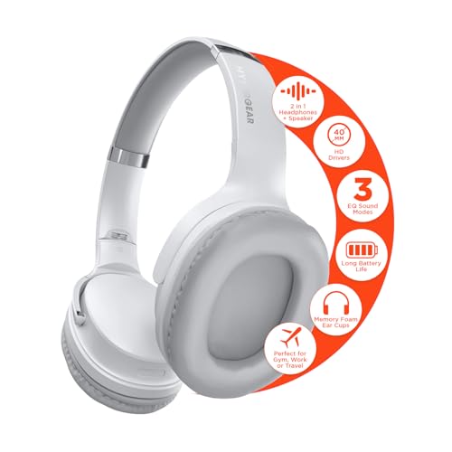 HyperGear White Wireless Headphones - Over Ear Bluetooth Headphones, Over the Ear Noise Cancelling Gym Head Phones Women & Men Wireless Bluetooth Workout Flip Earcups In for Solo, Out for Stereo Music