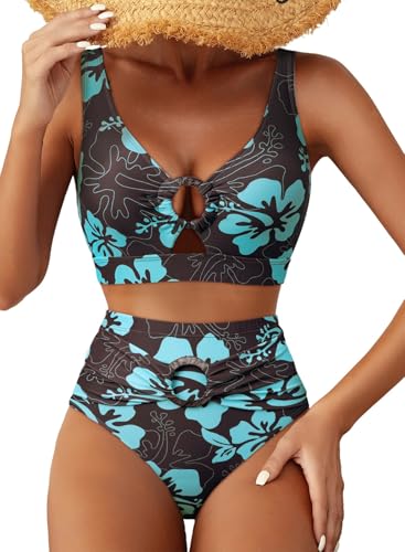 Herseas Floral Print Bikini Sets for Women Flattering High Rise Swimsuits Boho Trendy Bathing Suit Summer Tanning Beachwear Swimming Swim Outfits Large