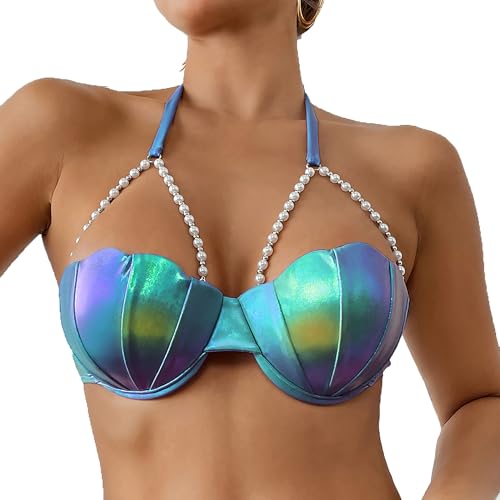 Alidamo Mermaid Bikini Tops for Women Swimsuit Seashell Bra Bathing Suits Light Support Adjustable Back Strappy