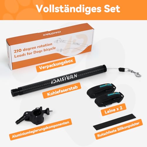DAISTERN Fahrrad Hundeleine 210° drehbar, Fahrradleine Hund mit Carbonfaser-Griff, stötdämpfende Feder, Dog Bicycle Leash mit Aluminiumlegierungsklemme, Schnellmontagesystem