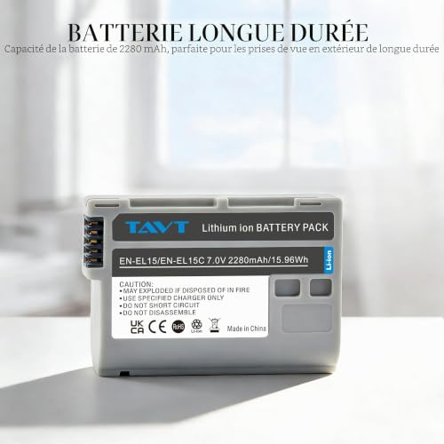 TAVT Lot de 2 batteries EN-EL15 EN-EL15C EN-EL15b avec double chargeur pour Nikon Z6, Z6II, Z6 iii, Z7, Z7II, Z8 D7500 D7000 D7100 D7200 D500 D600 D610 D750 D750 D770 80 D80 Appareil photo 00 D800E – vue 2