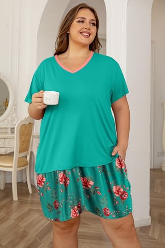 Image of Vozanet Women's Short Sleeve Top and Shorts Pajama Sets Plus Size V Neck Colorful Flower Nighty Loungewear With TWO Pockets