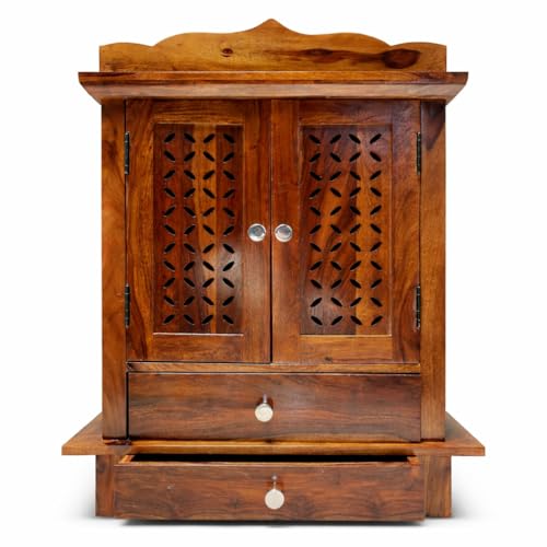 Image of Wudniture Solid Sheesham Wood Floor Standing Pooja Temple with Drawer for Home & Office | Teak Finish