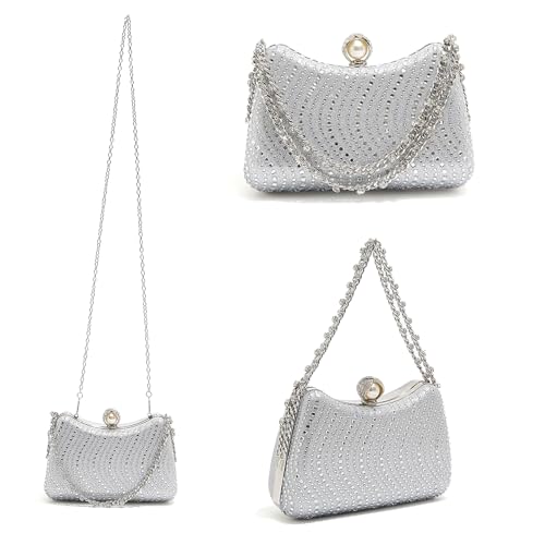 Image of Women's Clutch Crystal Rhinestone Purse With Chain Pearl Clasp Evening Wedding Diamond Handbag