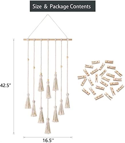 Mkono Hanging Photo Display Macrame Wall Hanging Pictures Organizer Boho Home Office Decor Wall Art Teen Girl Room Decor, with 30 Wood Clips, Gift for Christmas Birthday Holiday Party, Ivory