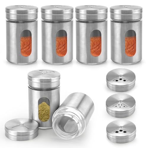 HENGBIRD Lot de 6 pots à épices avec insert dispersé, pots à épices en acier inoxydable, mini verre shaker à épices, récipients à épices,...