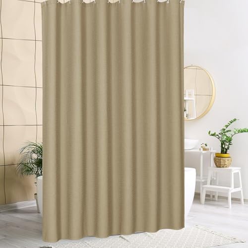 Image of HOMETHREADS Embrace Luxury with Our 6-Feet Long Premium Polyester Shower Curtain with 12 Hooks for a Lavish Bathroom Ambiance | Stylish, Splendid, and Perfectly Sized (Classic Khaki, 180x180cm)