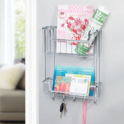 Mdesign Wide Metal Wire Wall Mount Mail, Letter, Magazine Holder, Storage Organizer Key Rack With Hooks For Entryway, Hallway, Mudroom, 2-Tier - Chrome #TOP1