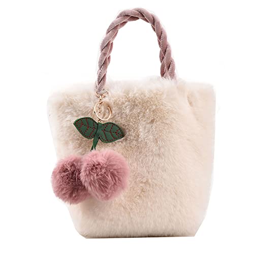 PINKJANE Sac à main en peluche pour femme avec pendentif en fausse fourrure de cerise, sac à bandoulière pour l'automne et l'hiver, couleur unie, mini sac à main en tissu chaud, Rose