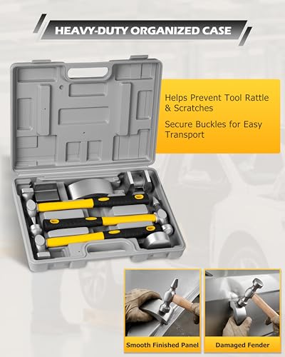 Image of DAYUAN 7Pcs Auto Body Repair Kit, Hammer Dent Body Fender Tool Set | Dent Repair, Panel Shaping & Sheet Metal work, 3 Hammers & 4 Dollies,Fiberglass Handles,Heat-Treated Carbon Steel, Carry Case