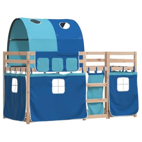 vidaXL Litera con Cortinas Madera Maciza de Pino Azul 90x200 cm, Cama, Estructura de Cama, litera Baja, Muebles de Dormitorio, litera Doble