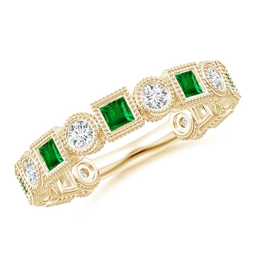 Angara Lab Grown Bezel-Set Square Emerald and Round Diamond Ring in 14K Solid Gold | Birthday, Engagement, Anniversary, Wedding Jewelry Gift for Women