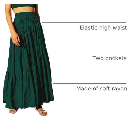 Image of ANRABESS Women's Boho Elastic High Waist Pleated A-Line Flowy Swing Asymmetric Tiered Maxi Long Skirt Dress with Pockets