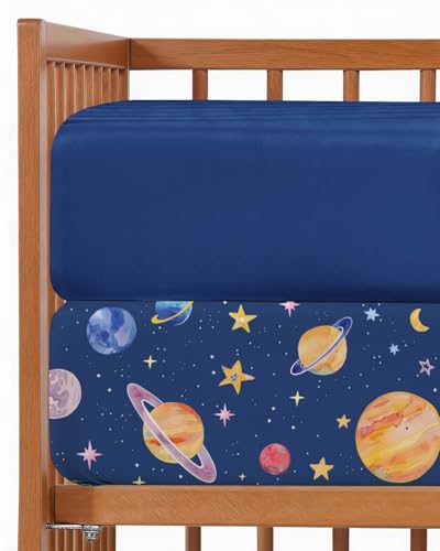 Image of 2-Pack Mini Crib Sheets Fitted - Pack N Play Sheets for Pack and Play Mattress - Stretchy Soft Microfiber Playard Bedding - Mini Toddler Bed Cover for Boys and Girls - Oeko-Tex - 38 x 24in, Planets