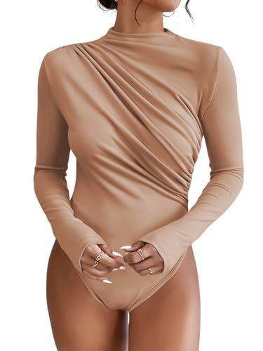 SweatyRocks Women's Bodysuit Mock Neck Casual Ruched Long Sleeve Jumpsuit Brown Large