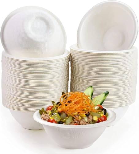 MALLOOM 200 Bols en Papier Jetables, 8oz Bols en Papier Blanc Compostables Bols à Soupe Biodégradables, Bols en Bagasse Naturelle Robustes pour Soupe, Salade, Dessert, Snacks, Glace