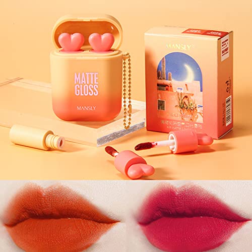 Pasnowfu 2Pcs Matte Lipstick Makeup Set, Waterproof Long Lasting Velvet Moisturizing Lip Stain Earphone Dual-Color Lip Gloss Primer, Non-Stick Cup Lip Make Up Gift Kit For Girls #3 #TOP4