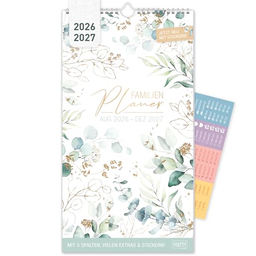 Häfft Familienplaner 2026/2027 5 Spalten mit Sticker Blattgold Wandkalender für 17 Monate: Aug 26 bis Dez 27 - Jahreskalender für Familien