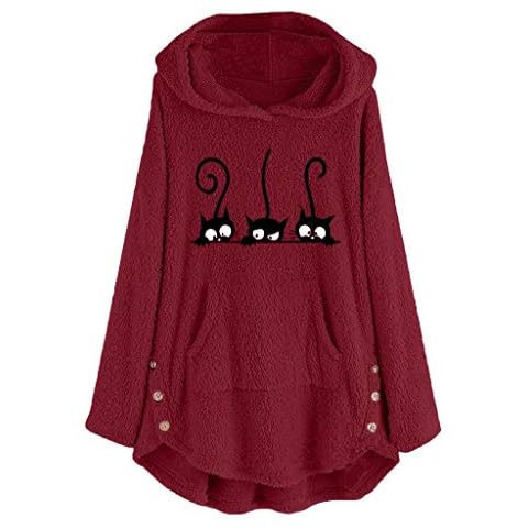 HZMM Sweatshirt Long Sleeve Pullover Tops Shirts Womens Fleece Cat Embroidery Plus Size Warm Hoodie Top Button Sweater Blouse Pullover Plain Hoodie Top Streetwear Cover