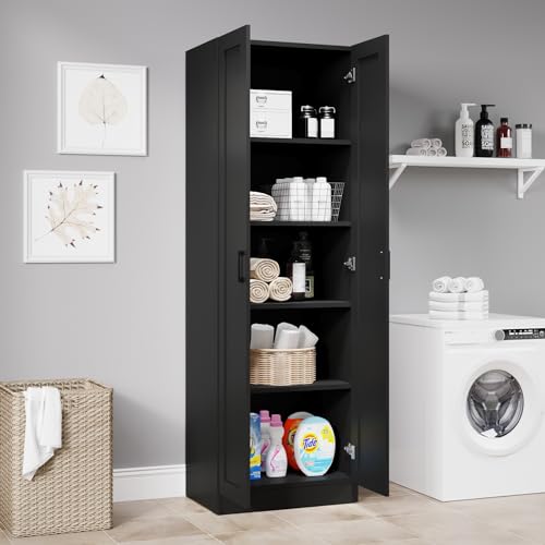 Panana Wooden Storage Cabinet, Freestanding Tall Kitchen Cupboard Sideboard Organizer Unit With 2 Doors & Adjustable Shelves, High Utility Cabinet for Living Room, Bedroom, Kitchen and Hallway (Black) - Image 5
