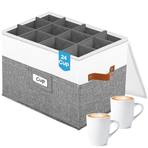 storasier 2-Layer Mug Storage Organizer,Quilted Cup Storage box,China Storage Containers for 24 Tea Cups or Coffee Mugs with Clear Hard Lid,Stackable Tea Storage for Moving(Grey)