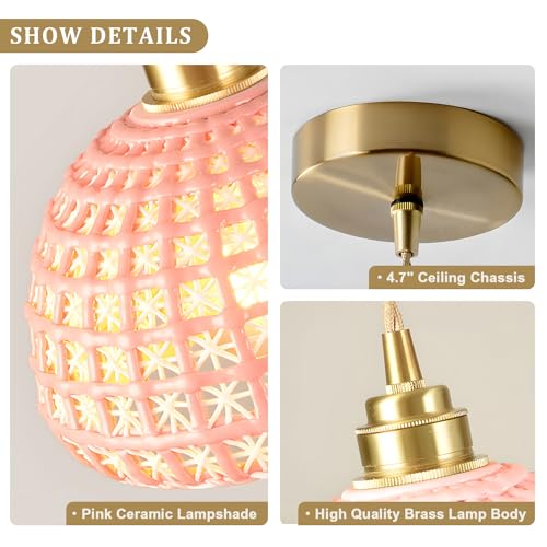 Image of Pink Ceramic Pendant Light Farmhouse Brass Finish Modern Pendant Light Minimalist Style Ceiling Hanging Lamp for Kitchen Island Bedroom Bedside