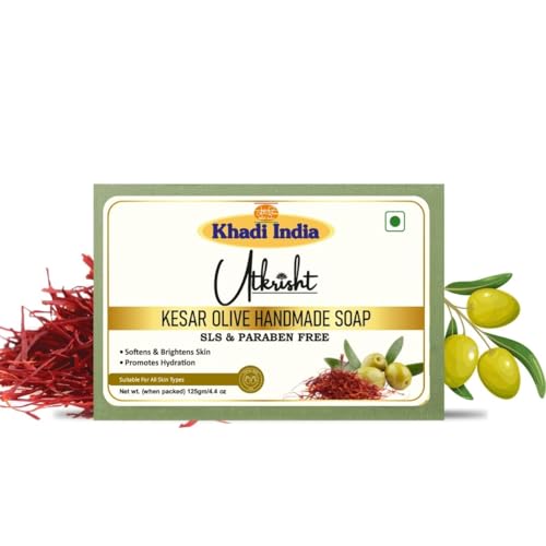Image of Khadi Kesar Olive Handmade Bathing Soap Bar 125g (Pack of 5) | Natural & Herbal | Hydrating, Glowing & Brightening Skin | For Even Skin Tone | All Skin Types | For Men & Women