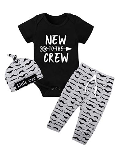 Newborn Baby Boy Clothes New to The Crew Letter Print Short Sleeve Romper + Pants + Hat 3Pcs Outfit Set 9-12 Months