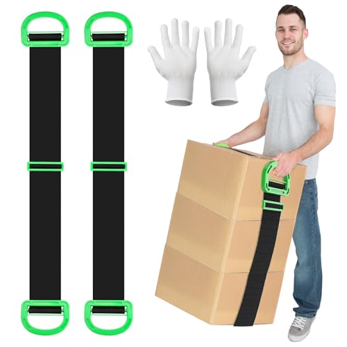 APOMOONS 2 PCS Schwerlast Transportgurt Tragegurte Umzug und Zwei Paar WeißE Antirutsch-Handschuhe 145cm Hebegurte Verstellbare Tragegurt Umzug Hebegurt für Möbel Boxen Haushaltsgeräten Schwarz