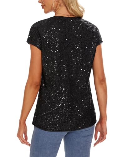 MINTLIMIT Womens Full Sequin Tops Glitter Party Shirt Cap Sleeve Sparkle Blouses V-Neck Loose Summer Shimmer Tunic Shirts3